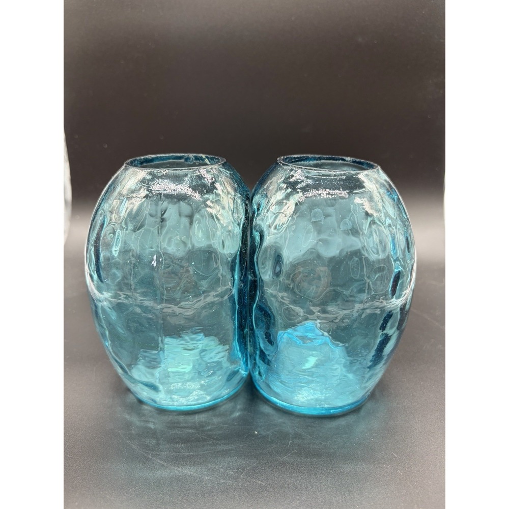 Hand Blown Glass Bookend Vase Set Blue Dot Optic Handmade 5 inch